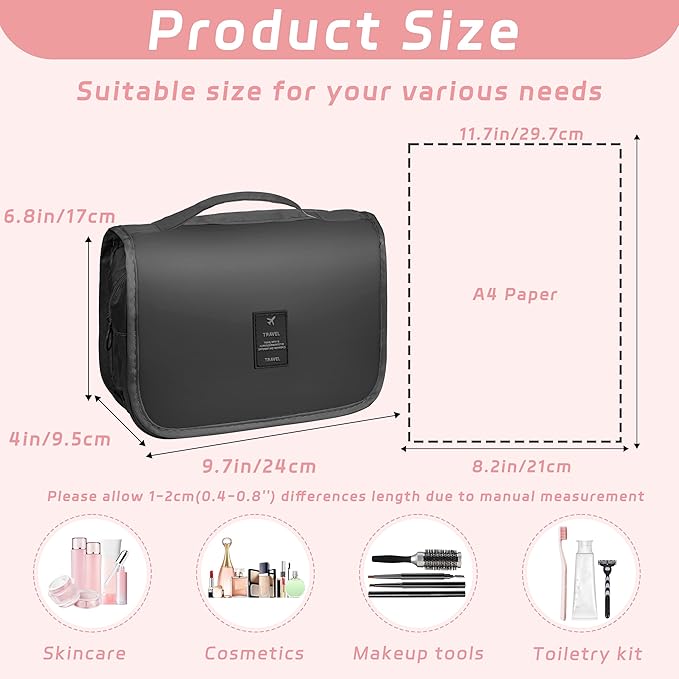 Toiletry Bag Travel Bag with Hanging Hook, Waterproof Capacity Hanging Multifunctional Makeup Bag for Toiletries, Portable Cosmetic Bag Travel Organizer for Women and Men(Black Pure)
