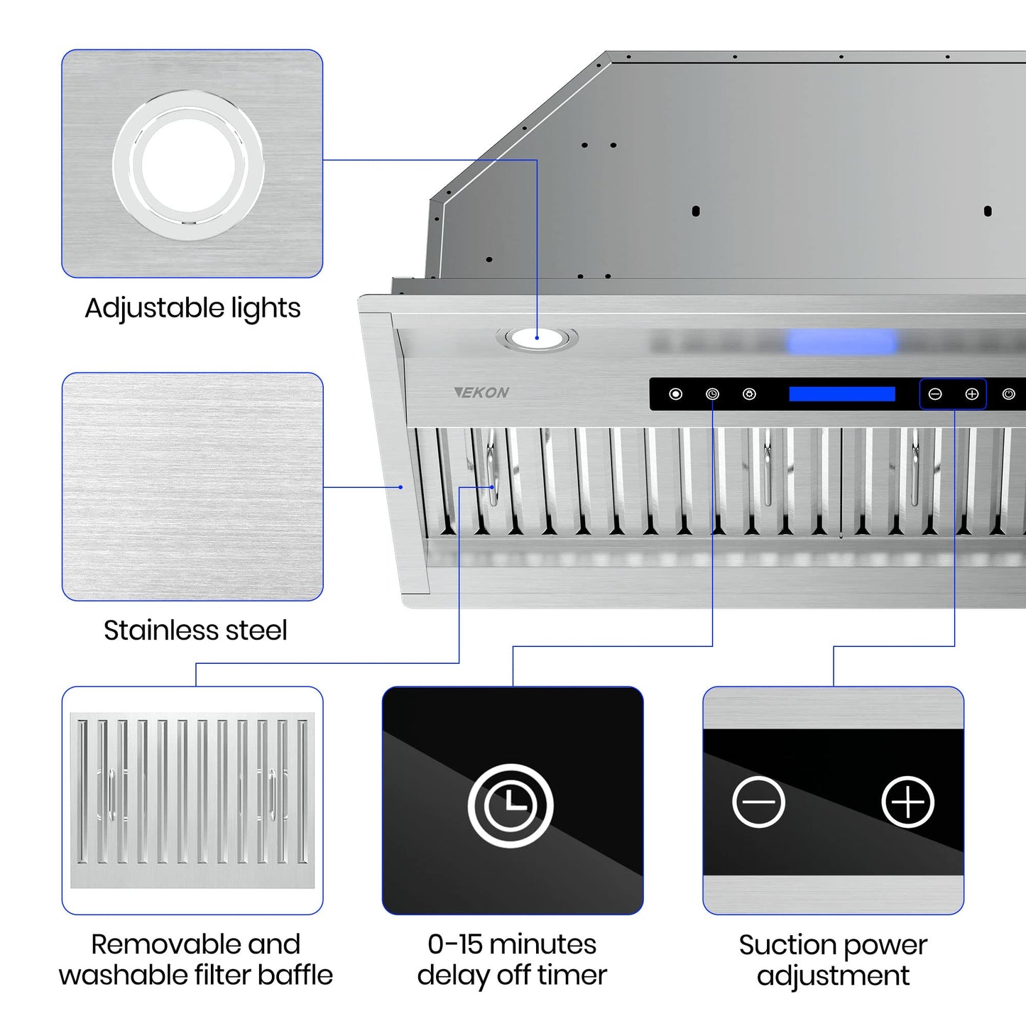 EKON Range Hood Insert 42 Inch, 900 CFM Kitchen Vent Hood, Built-in Ducted or Ductless Convertible, Remote & 4-Speed Touch Control, Adjustable LED Lights, Stainless Steel, NAB02-42
