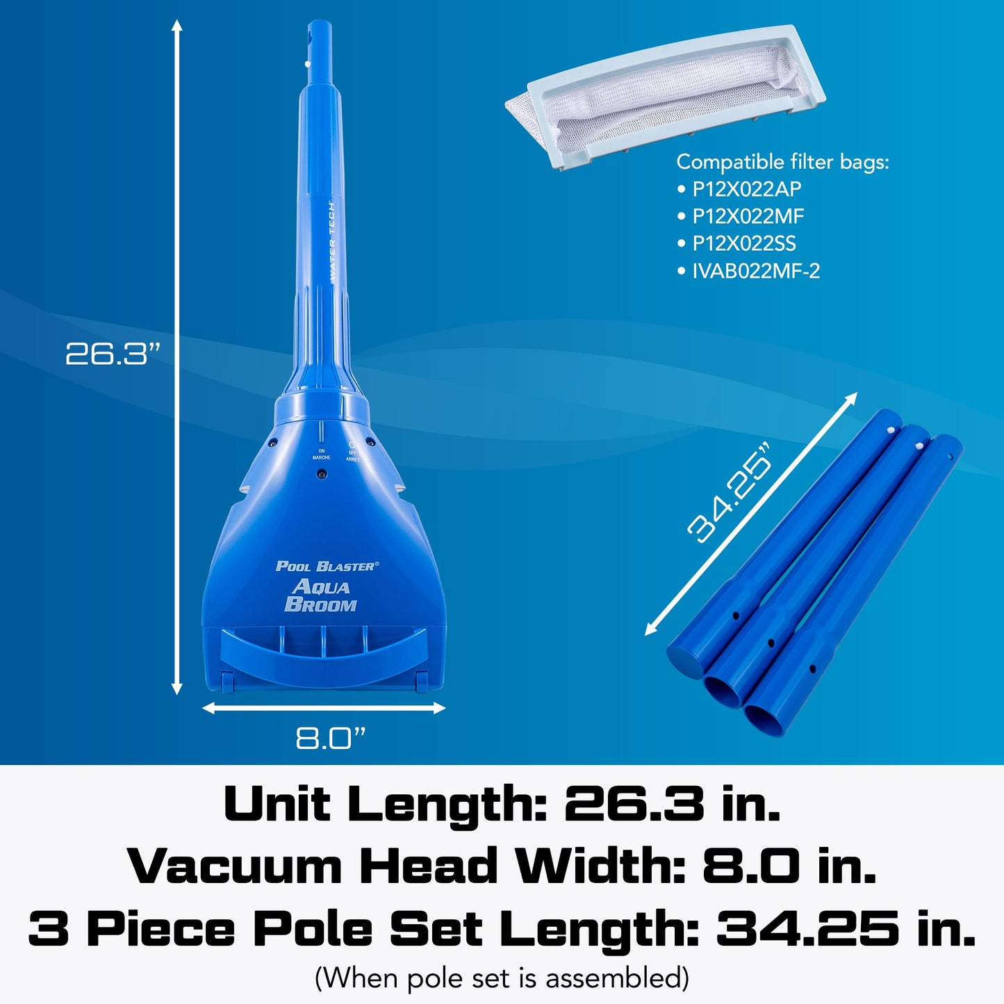 Pool Blaster Aqua Broom XL Ultra Cordless Pool & Spa Vacuum Cleaner with Pole Set, Battery-Powered Handheld Hoseless, Ideal for Hot Tubs, Inground & Above Ground Pool Steps, by Water Tech