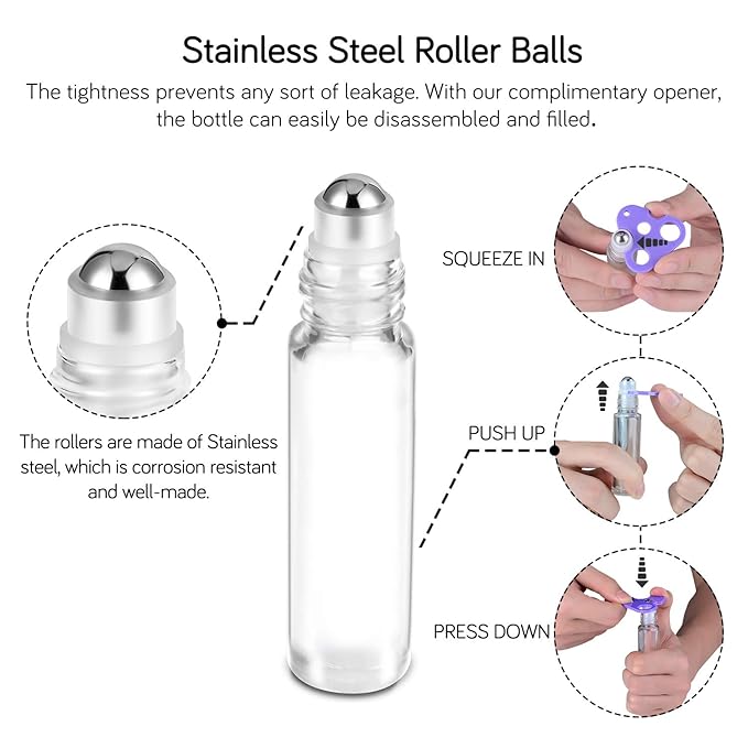 Essential Oil Roller Bottles 10ml ( Clear Glass Bottle with Bamboo Lid, 12 Pack, 2 Extra Stainless Steel Balls, 24 Labels, 1 Opener, 1 Funnel, 2 Droppers ) Roller Balls for Oils, Roller on Bottles