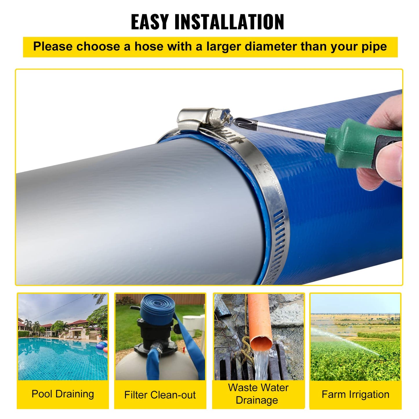 VEVOR Discharge Hose, 3' x 105', PVC Lay Flat Hose, Heavy Duty Backwash Drain Hose with Clamps, Weather-proof & Burst-proof, Ideal for Swimming Pool & Water Transfer, Blue