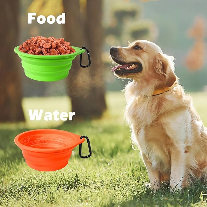 PetBonus 2-Pack Silicone Collapsible Dog Bowls, BPA Free Dishwasher Safe, Portable Foldable Expandable Travel Bowl, Food Water Feeding Cup Dish for Dogs Cats with 2 Carabiners (Green, Orange)