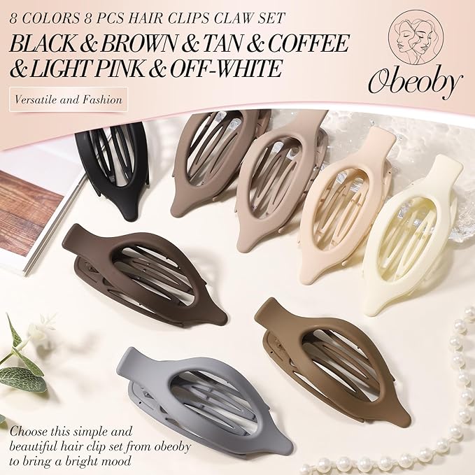Obeoby 8 PCS Flat Hair Clips for Women, French Flat Claw Clips for Thin or Thick Hair Medium Large Hair Accessories Barrettes Duckbill Strong-Hold