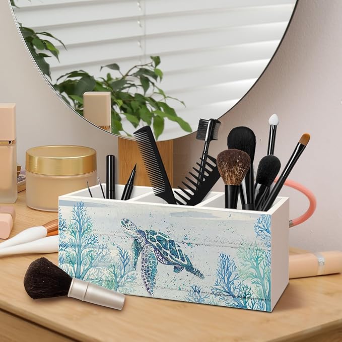 Sea Turtle Coastal Pen Holder for Home Office Desk, Beach Office Decor, Beach Turtle Makeup Brush Toothbrush Holder Organizer for Bathroom Desk Accessories
