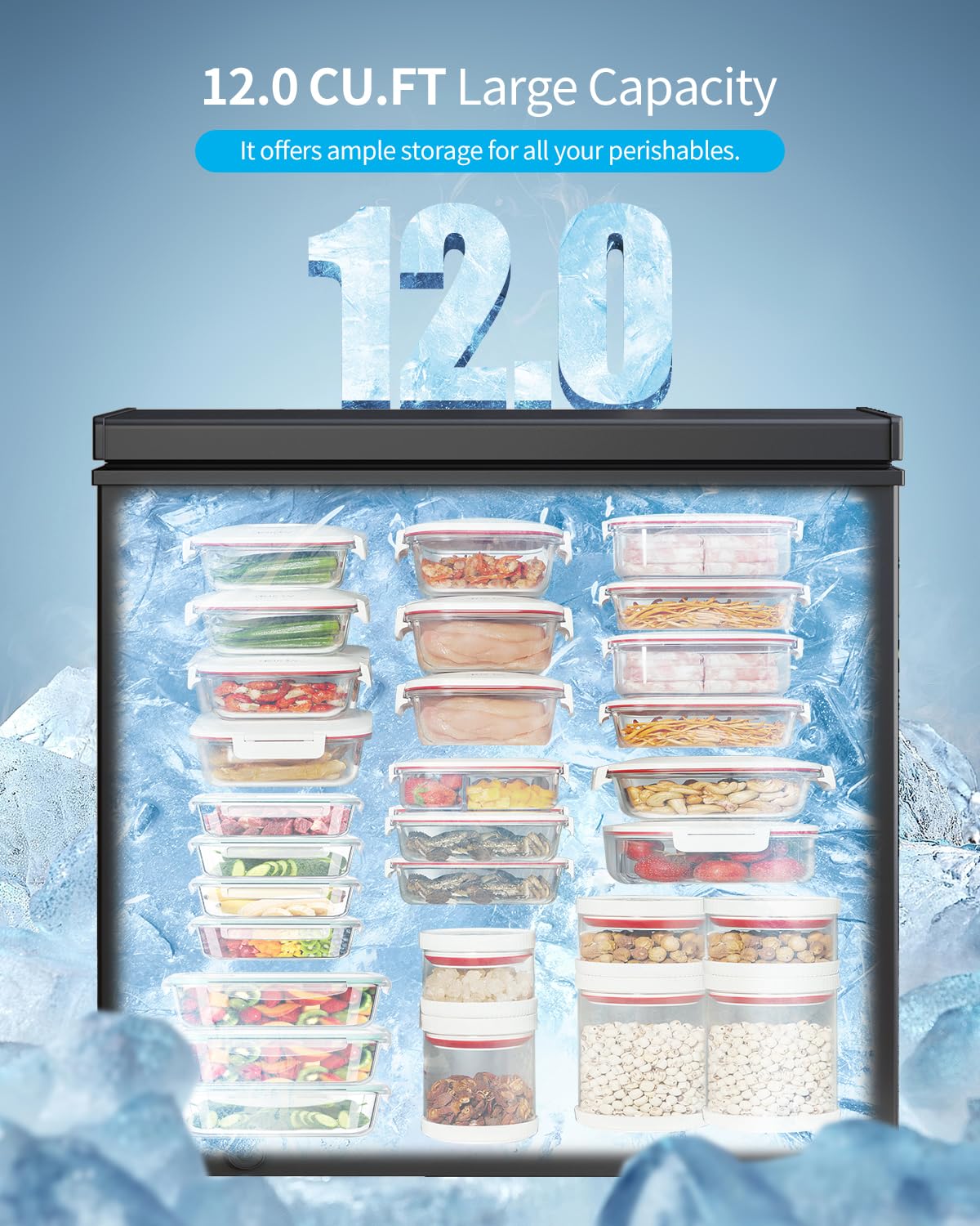 TABU 12.0 Cu Ft Chest Deep Freezer, Large Freestanding Chest Freezer with 7 Level Adjustable Thermostat, Compact Top-opening Deep Freezer with Removable Storage Basket, Black