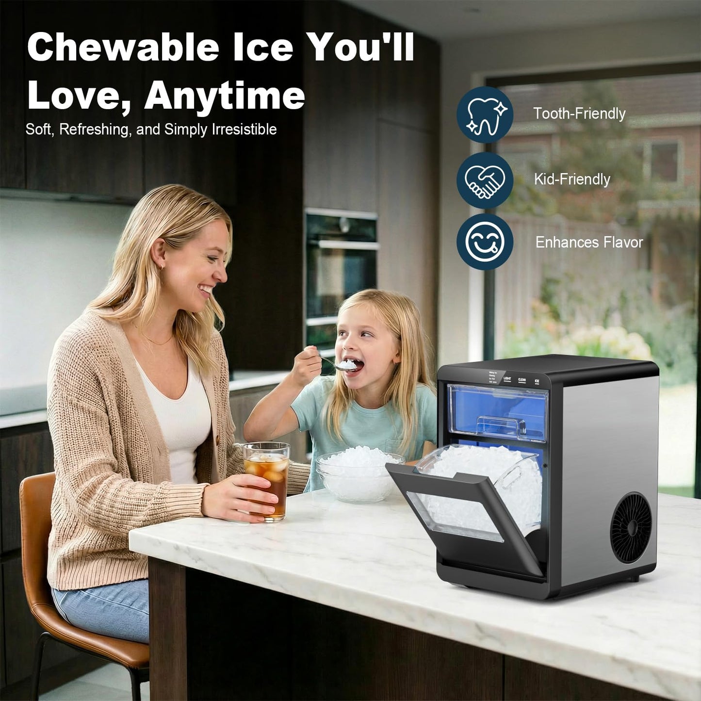 Nugget Ice Maker Countertop, 44lbs/24h Nugget Ice Machine, Soft Ice Ready in 5-10Mins Pellet Ice Maker, Self-Cleaning Sonic Ice Maker for Home, Kitchen, Office, Party