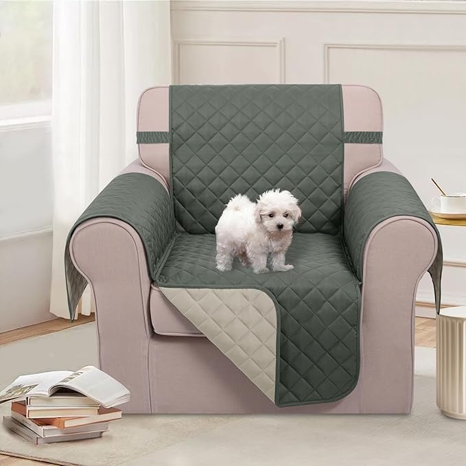 U-NICE HOME Recliner Chair Covers Reversible Chair Cover Pet Covers for Dogs with Elastic Straps Water Resistant Diamond Quilted (23''Armchair, Grey/Beige)