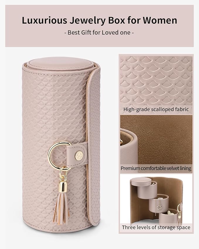 VLANDO Travel Jewelry Box, Travel Jewelry Case for Mothers Day Gifts, Earring organizer Necklacke Organizer Ring Organizer Box with Hand-held Design for Travelling - Grey+Khaki Inner