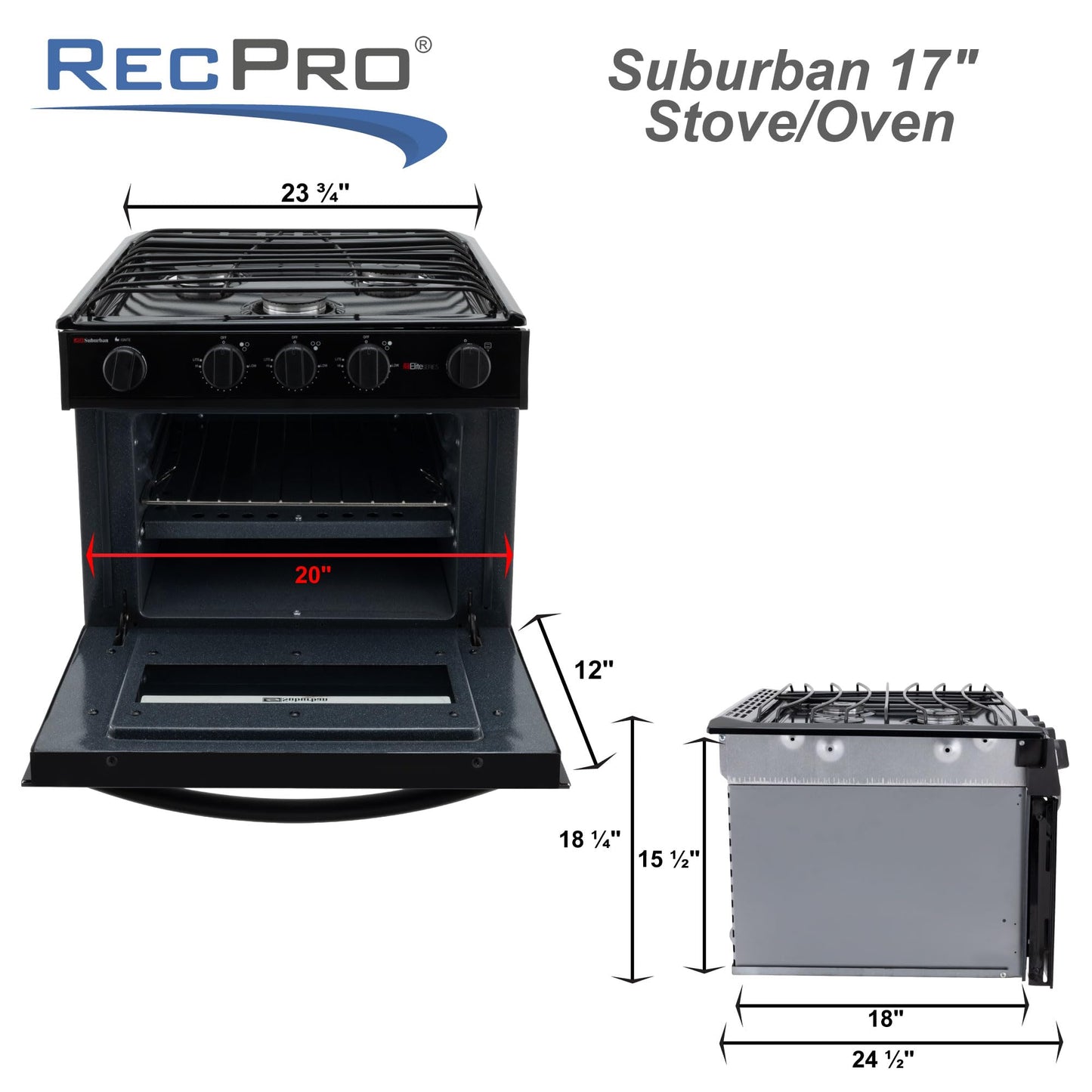 RecPro Suburban RV 17" Black 3 Burner Propane Range with Gas Oven | 9000 BTU Front Burner | Dual 6500 BTU Rear Burners | Piezo Ignition | Compact Built-In Range for RVs and Campers