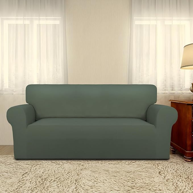 PureFit Super Stretch Sofa Slipcover – Spandex Non Slip Soft Couch Sofa Cover, Washable Furniture Protector with Non Skid Foam and Elastic Bottom for Kids, Pets (Oversized Loveseat, Greyish Green)