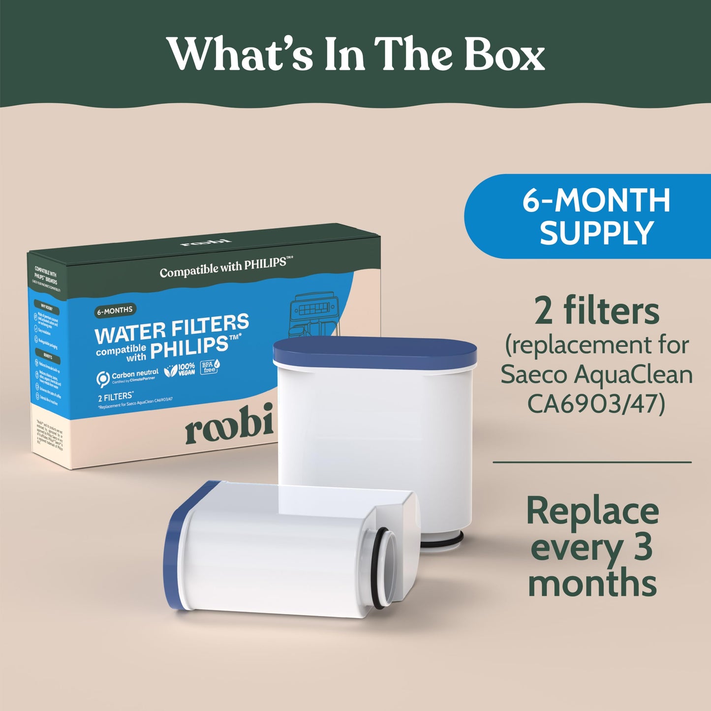Roobi Compatible Philips Water Filters. Specially Designed for Philips Coffee Machines, Carbon Neutral Aqua Clean Water Filters. 2 Pack, 6 Months Supply.