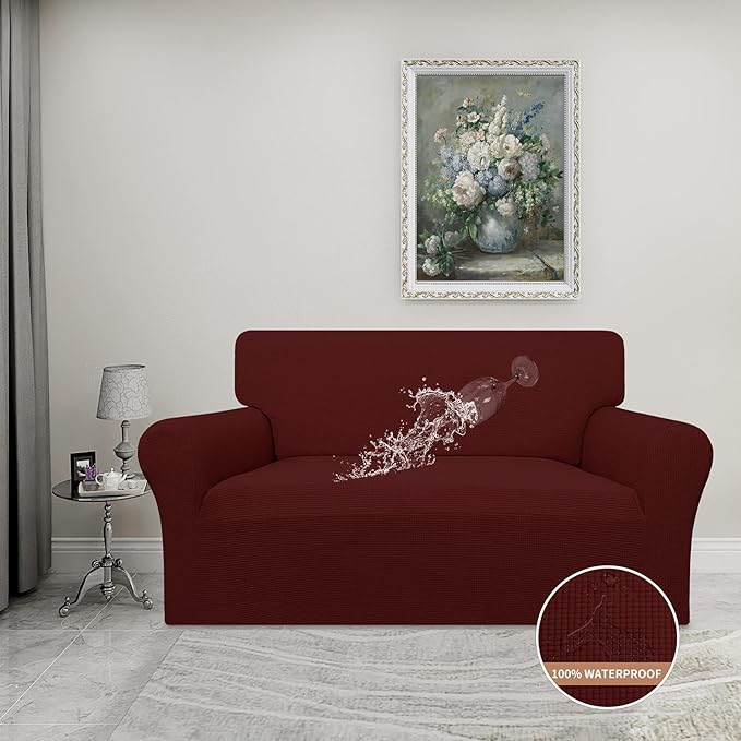 Easy-Going 100% Waterproof Loveseat Couch Cover, Dual Waterproof Sofa Cover, Stretch Jacquard Sofa Slipcover, Leakproof Furniture Protector for Kids, Pets, Dog and Cat (Loveseat, Wine)