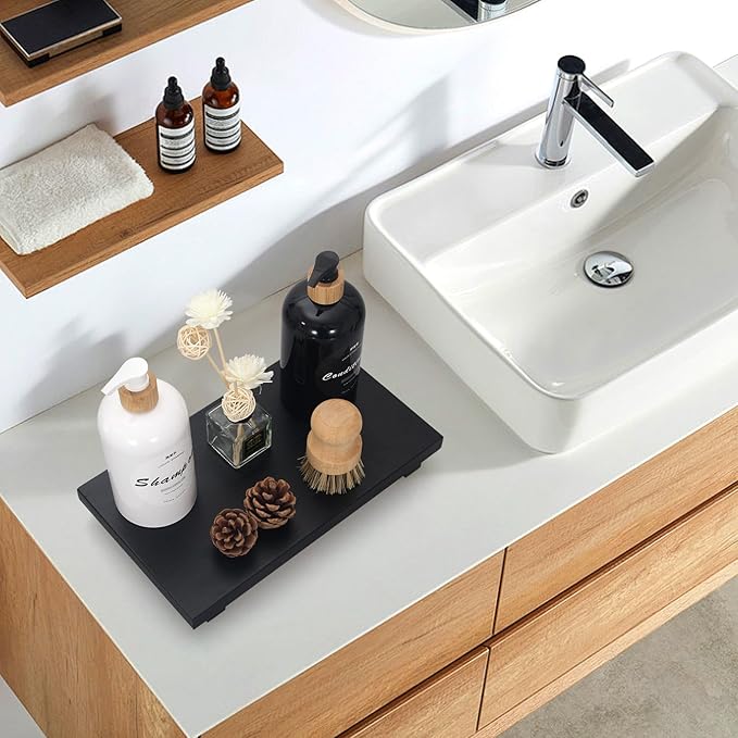 Black Bathroom Counter Tray Organizer Wood Risers Stand Kitchen Sink Trays Dish Soap Dispenser Holder for Countertop Modern Wooden Pedestal Display Farmhouse Bathroom Decor Accessories Vanity Tray