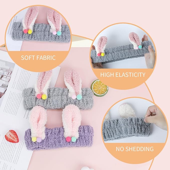 PERFECTSIGHT Kawaii Headband for Spa, Makeup, Washing Face, Party - 2 Pack Cute Hair Band for Shower Beauty Skincare, Soft Facial Headbands for Girls and Women (Purple+Gray Rabbit Ear)
