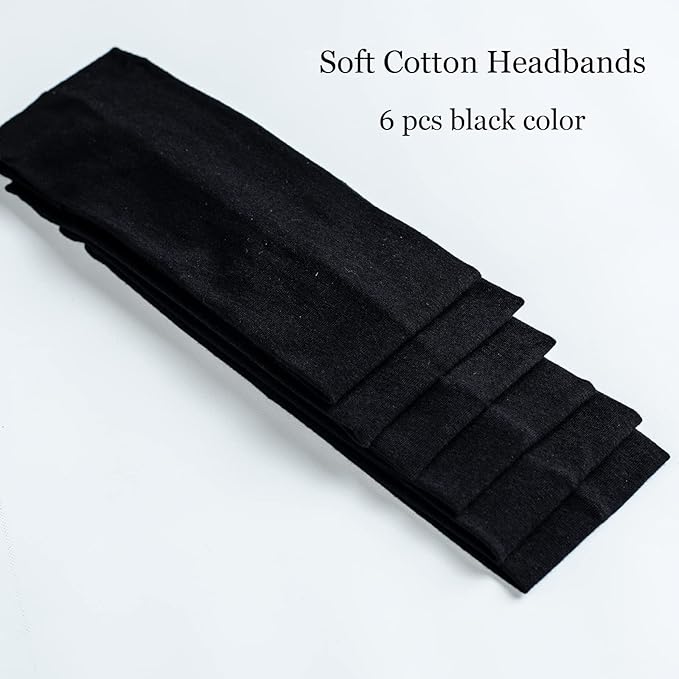 6 Pcs Black Headbands for Women Hair Cotton Headband Non-slip Stretchy Elastic Head Wrap Holder Hair Accessories