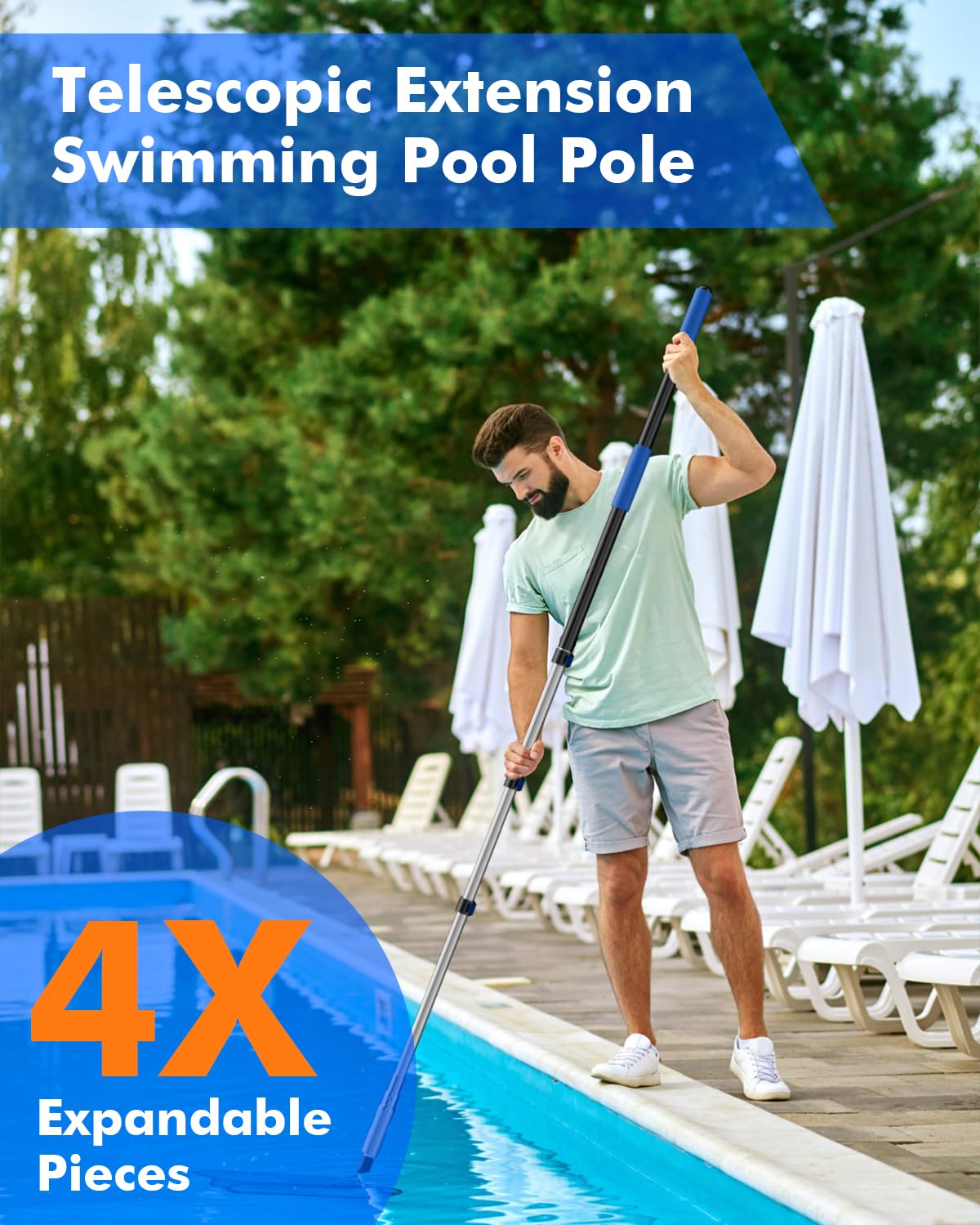 Pool Pole Telescopic 20FT Heavy Duty Upgraded Aluminum, 20 Ft Extension/Extendable Telescoping Tool for Above Ground/Inground Swimming Cleaning Supplies Accessories, Leaf Skimmer/Brush/Net/Vacuum/Mesh