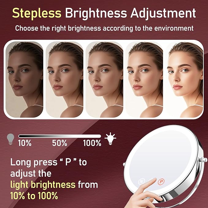 Vanity Mirror with Lights, 9'' Lighted Makeup Mirror, 1X/20X Double Sided Magnifying Mirror, 5000mAh Rechargeable, 3 Color Dimmable LED, 360° Rotation Desk Mirror for Makeup & Skincare