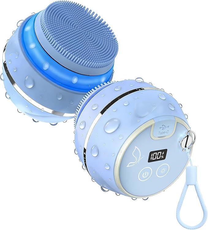 Face Scrubber, Waterproof Silicone Facial Cleansing Brush 6 Modes, 3 Light Effect, Rechargeable Electric Exfoliator Deep-Clean Scrubber for Women and Men