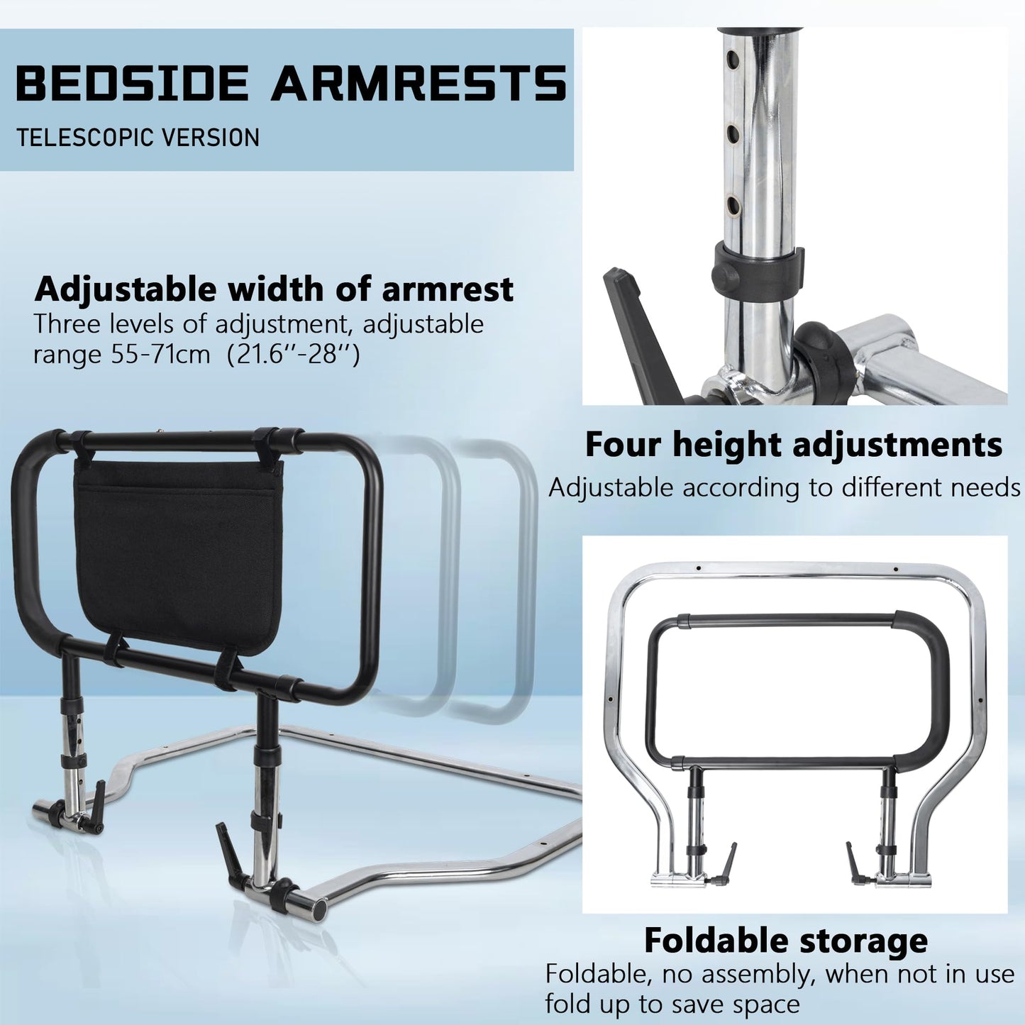 BQKOZFN Bed Rails for Elderly Seniors, Height Adjustable Home Bed Rail Assist Bar with Storage Pocket, Support Up to 330lbs