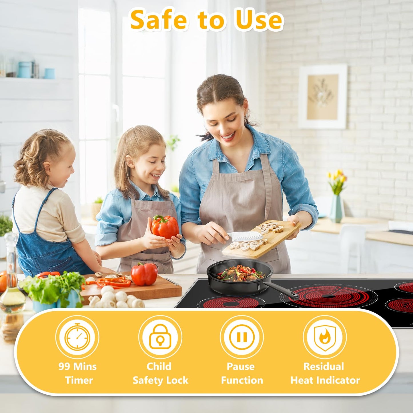 36 Inch Electric Cooktop 5 Burner, 9200W Built-In Ceramic Radiant Stove Top, 240V Hardwired, Works with All Cookware, Touch Control, Timer, Child Lock, Easy Clean Glass Surface