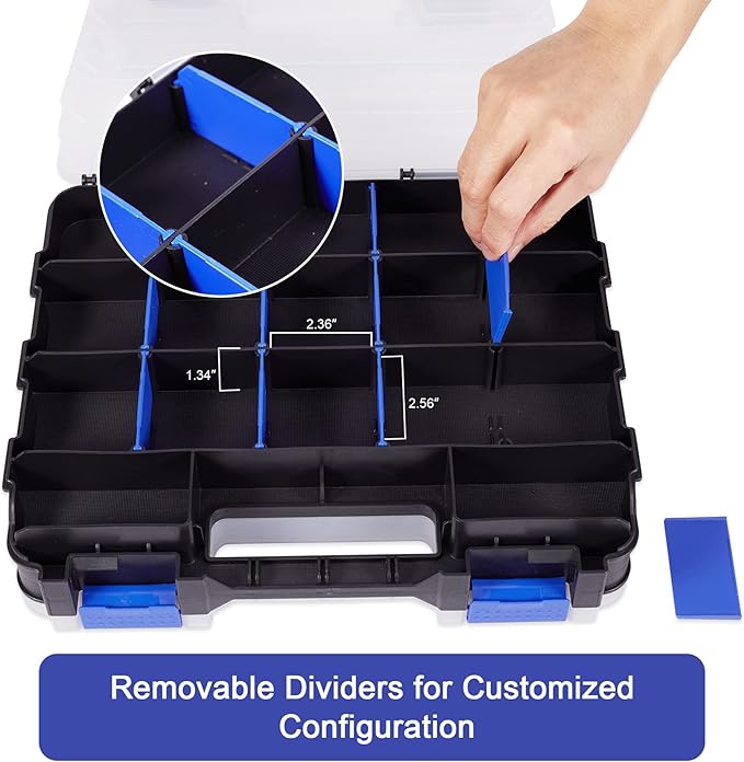 Small Parts Storage Case Tools Box Organizer Double Side 34 Compartments Hardware Organizers with Removable Plastic Dividers for Screws Nuts Nails Bolts