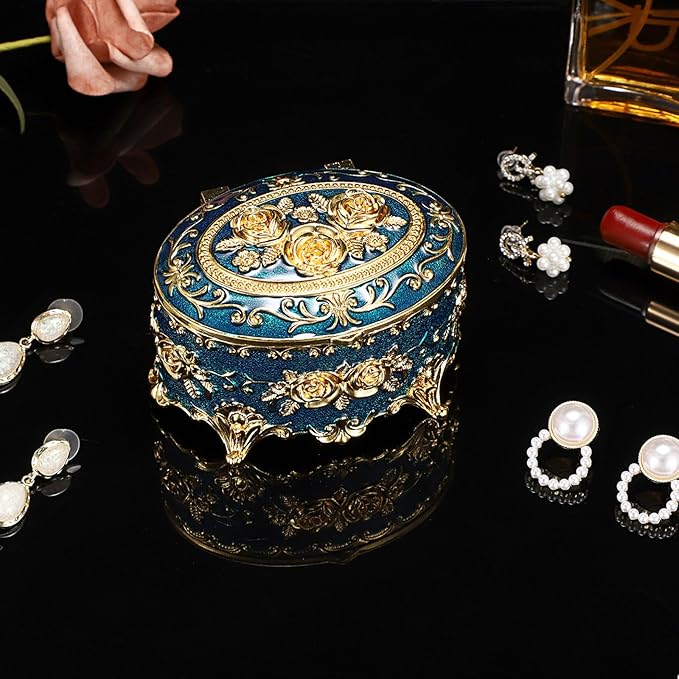 Hipiwe Vintage Metal Jewelry Box - Oval Trinket Box Ring Case with Rose Pattern Jewelry Storage Box for Ring Earrings Necklace, Keepsake Box for Women