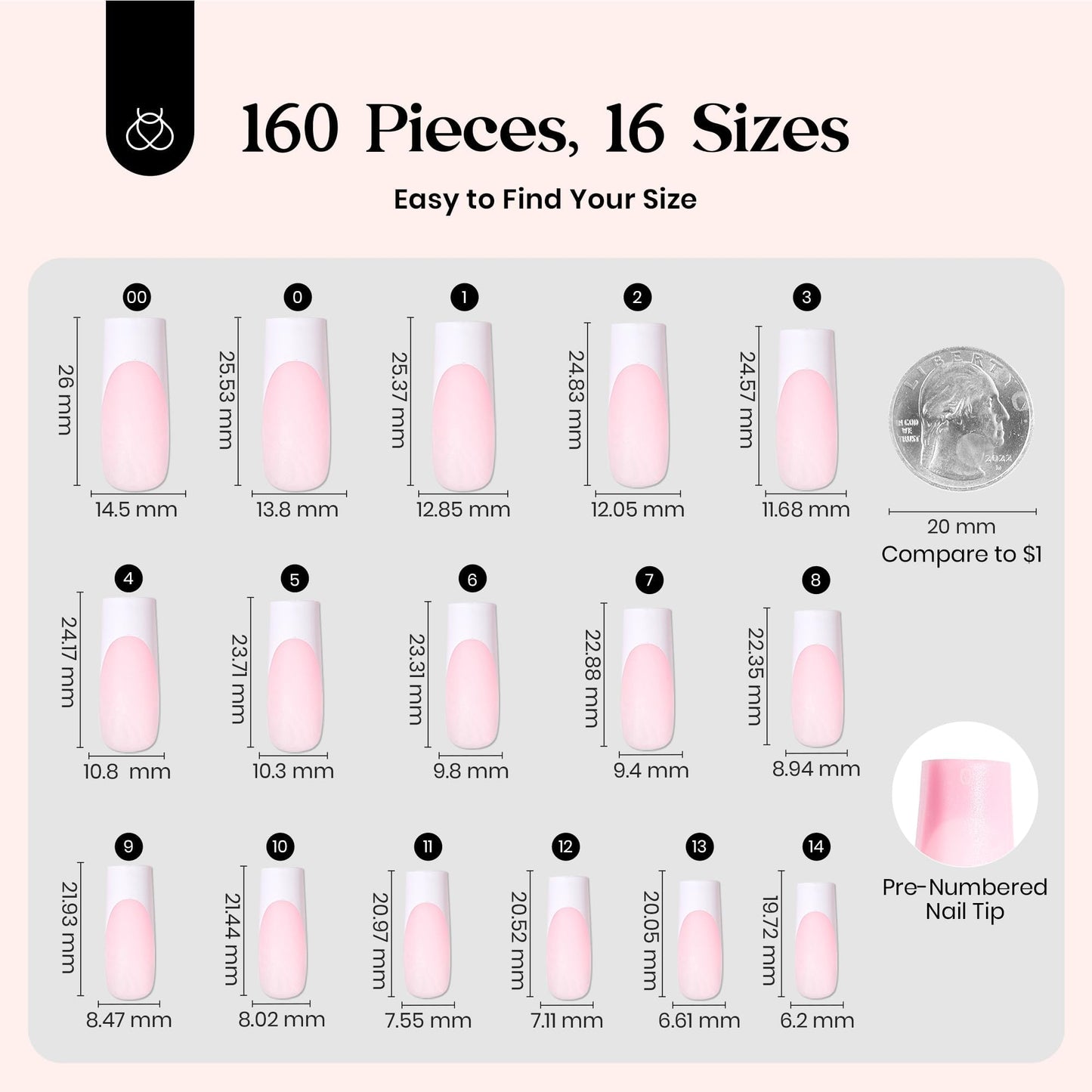 Beetles X Press Plus French Tip Nails - Candy French | Pink Long Square Press On Nails | 16 Sizes 160 Pcs Natural Salon Quality Gel Nail Tips