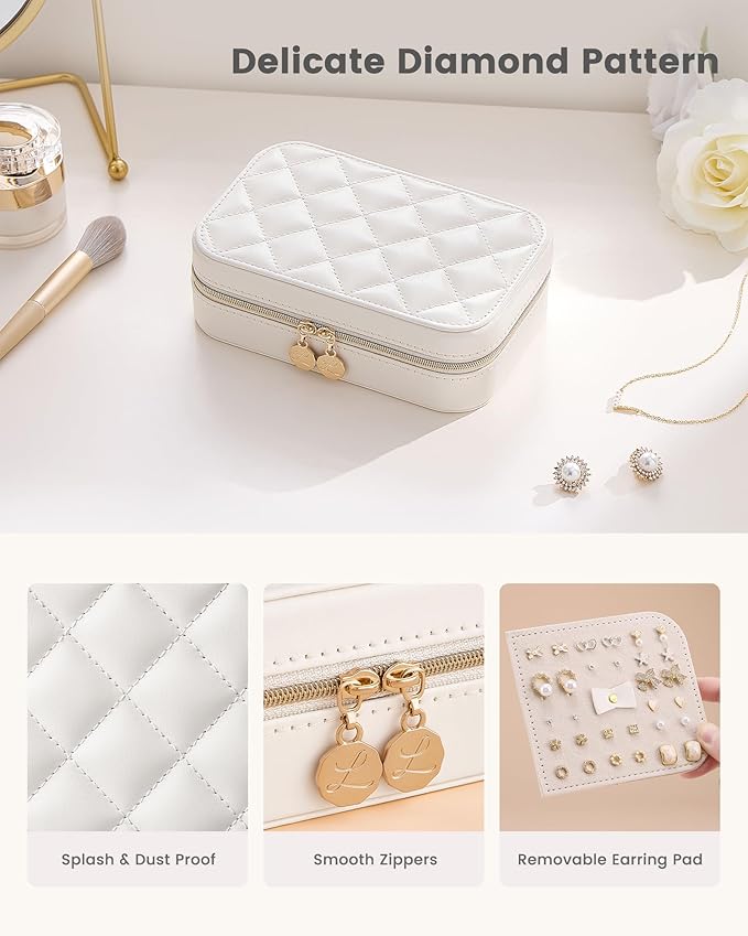 Lolalet Travel Jewelry Case for Women Girls, Travel Jewelry Organizer with Clear Storage Bag Small Portable Jewelry Box for Necklace Bracelet Earring Ring Birthday Bridesmaid Gifts -Medium/Beige