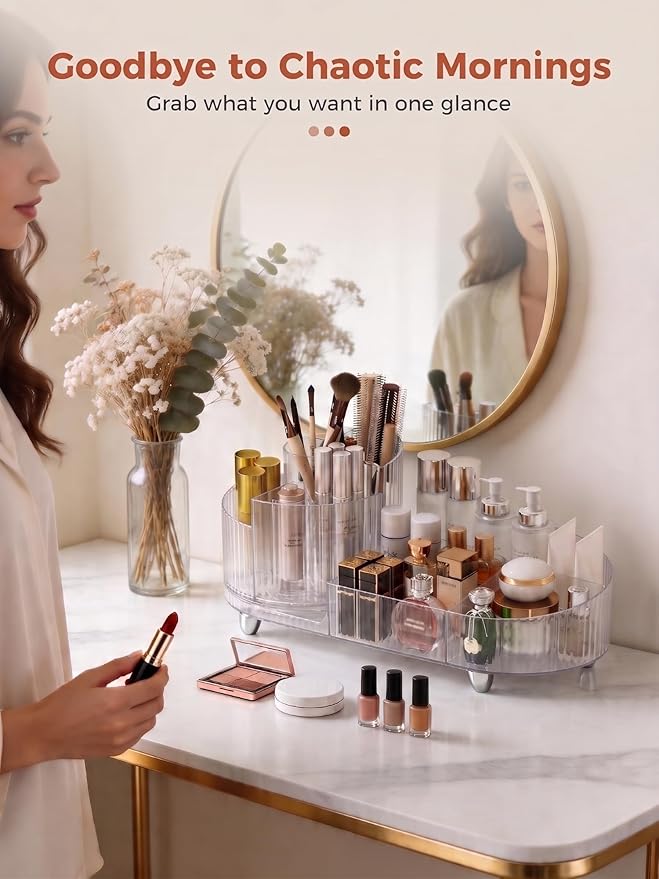 Booklov Rotating Makeup Organizer for Vanity, Large Capacity Cosmetic Display Case, Clear Acrylic Countertop Beauty Storage Holder for Skincare, Brush Eyeshadow Lipstick, Counter Desk, Crystal Clear