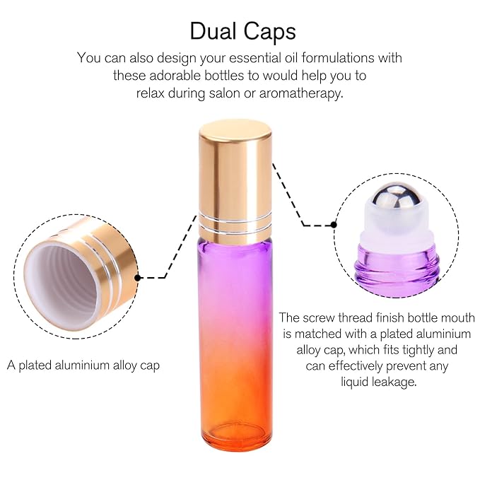 PrettyCare 24 Pack, 10 ml Essential Oil Roller Bottles with Stainless Steel Roller Ball - Refillable Leak-proof Empty Thick Rainbow Glass Roll on Bottles with Metal Caps for Travel, Perfume