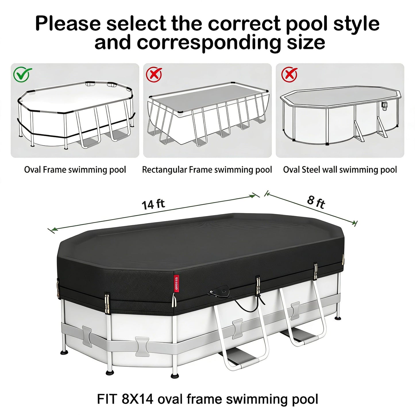 QH.HOME 8.2x14ft Oval Pool Cover,[Ultimate Windproof & Tear-Resistant Fabric],Snug Fit with Patented Ratchet & Weight Rings,Solar Pool Cover for Above Ground Pools, Blocks Leaves &Waterproof
