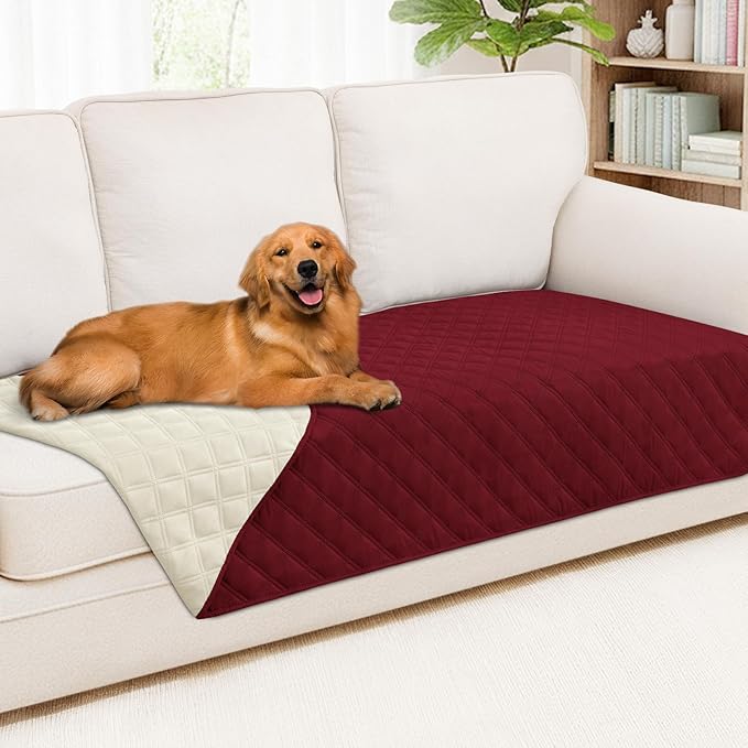 Smiry Waterproof Dog Bed Cover Pet Blanket, Soft Washable Dog Blanket for Furniture Bed Couch Sofa Reversible, Checkered (40"x70", Wine Red/Beige)