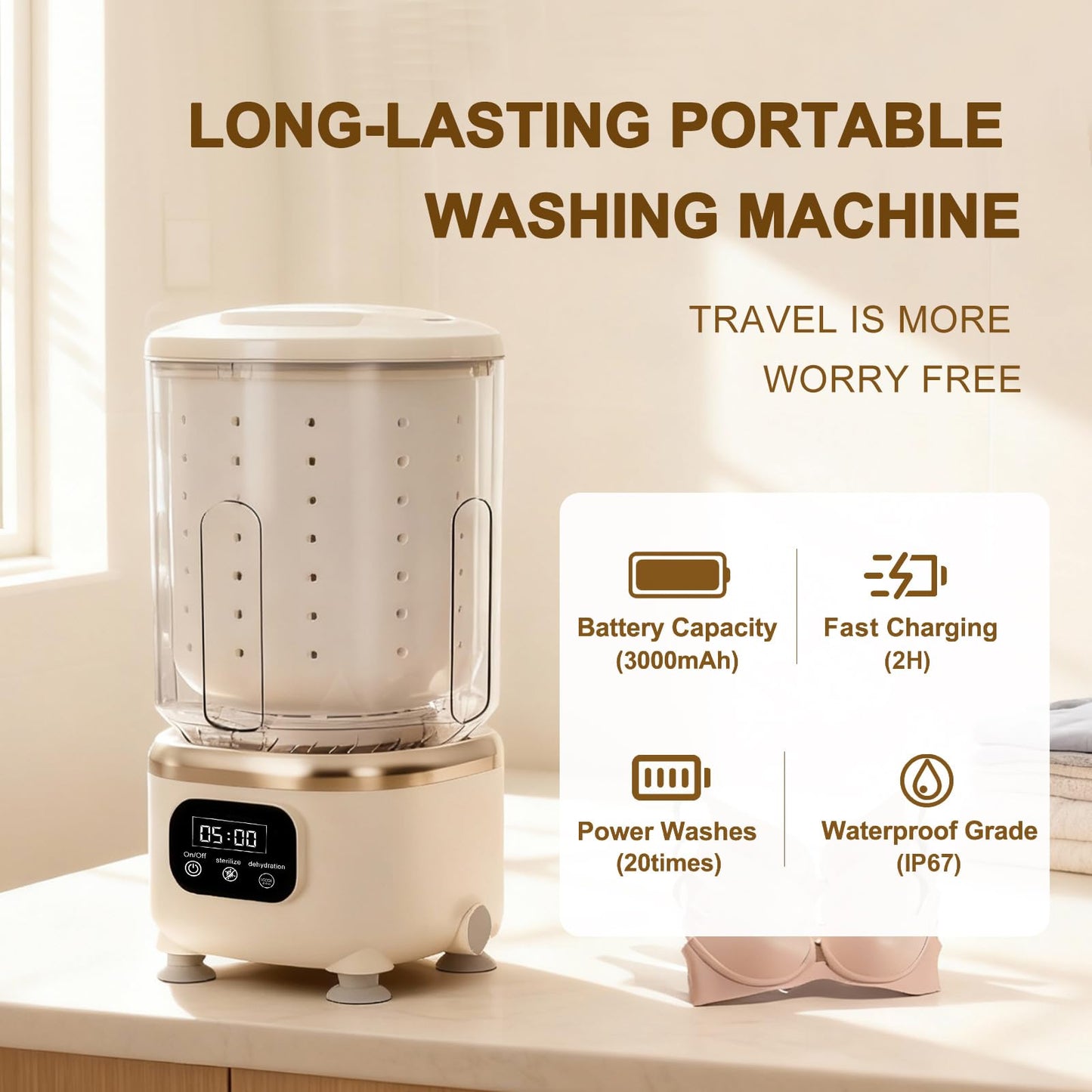 Underwear Washing Machine,Portable Washer & Spin Dryer Combo,Mini Washing Rechargeable Cordless Washing Deep Cleans Small Clothes Small Clothes for Apartment, Dorm, Travel & Hotel Use (2 L capacity)