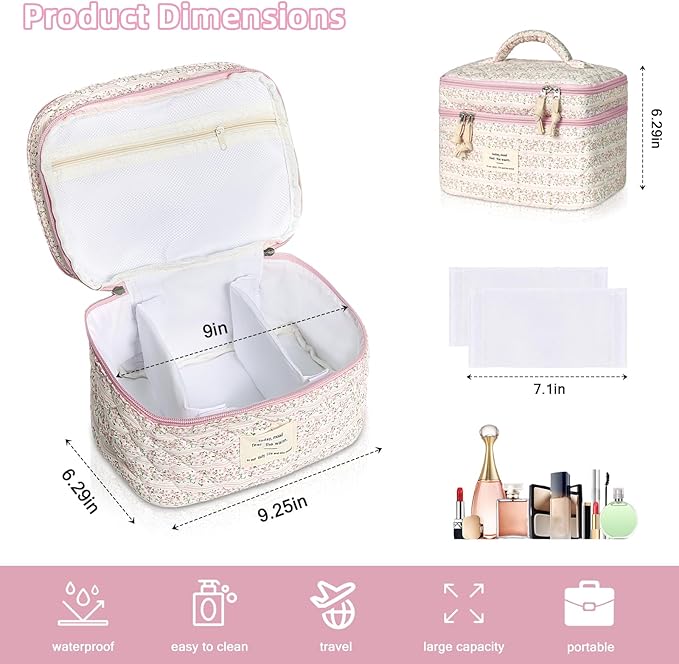 Makeup Bag, Portable Travel Make up Bag, Large Capacity Quilted Cosmetic Organizer Bag, Cute Floral Toiletry Bag for Women Girls (Pink Flower)