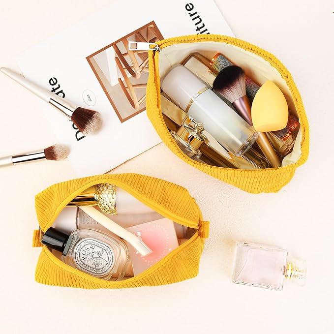 SOIDRAM 2 Pcs Corduroy Makeup Bag Large Cosmetic Bag Toiletry Bag Makeup Pouch Travel Bag Organizer Cute Makeup Brushes Aesthetic Accessories Storage Bag for Women Mustard Yellow