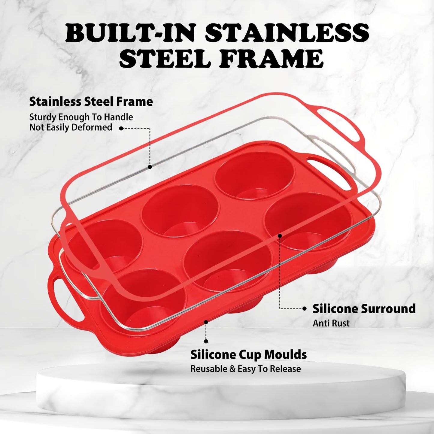 Foepoge 2 Pack Jumbo Silicone Muffin Pan with Metal Frame, Non-stick Large Silicone Cupcake Pan with Handles 6 Cup, Silicon Muffin Tin Tray for baking, egg bites, Cupcake Mold, BPA Free Red