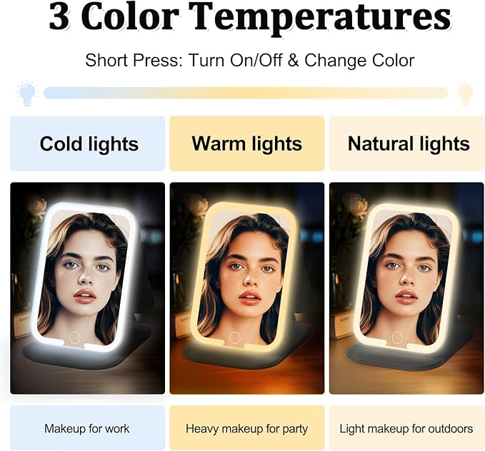 Rechargeable Travel Mirror with Light, LED Makeup Mirror with Lights, Portable Vanity Mirror with 3 Color Lighting, Touch Dimmable Lighted Cosmetic Mirror, Travel Essentials (Black)