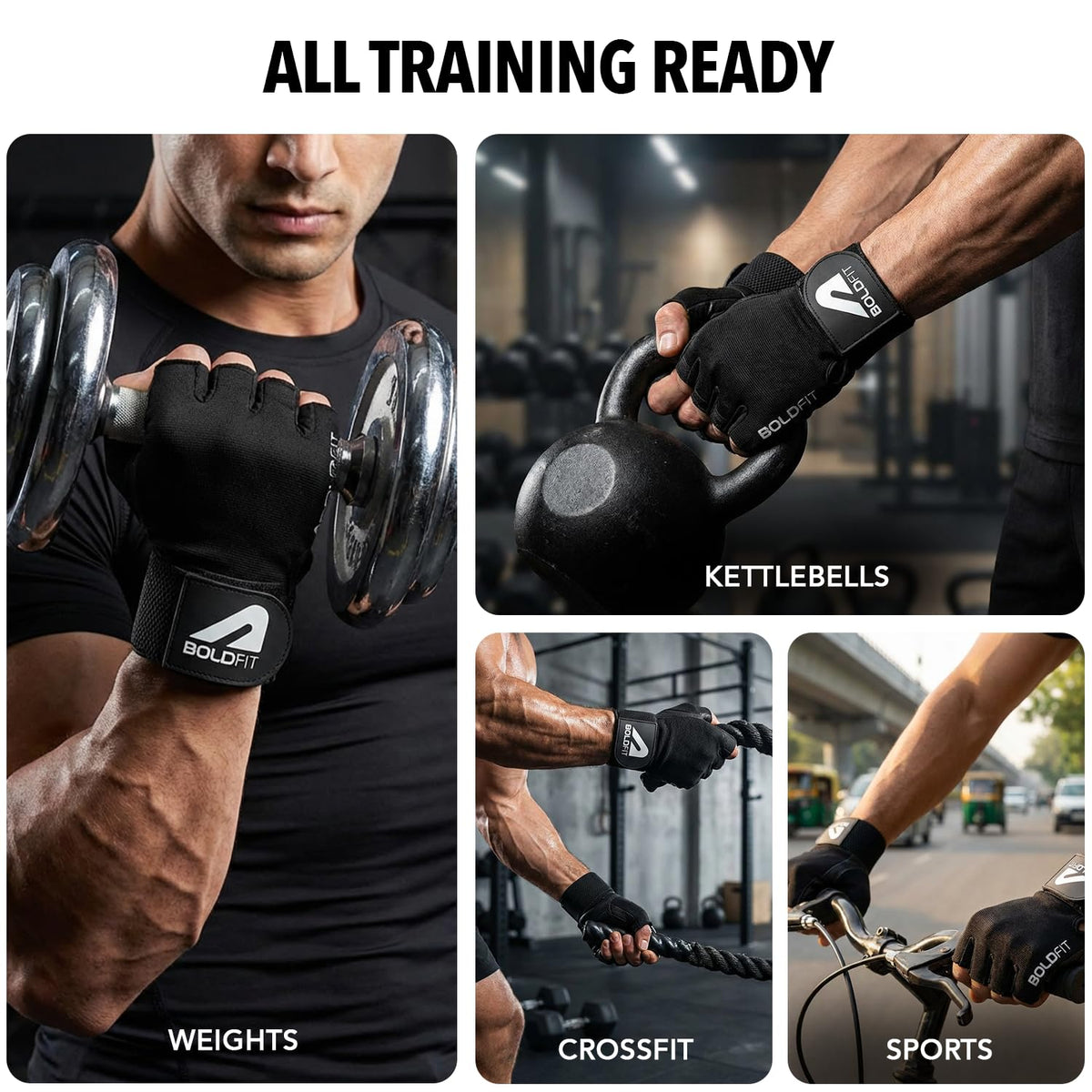 Boldfit Gym Gloves for Men & Women with Wrist Support Accessories for Weightlifting, Training, Exercise, Cycling Gloves, Bike Riding Gloves- Warrior -L, Polycotton Blend, Black, Large (8" - 8.5")