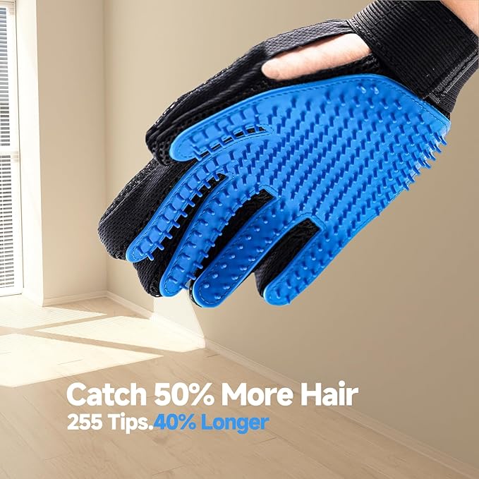 Pet Hair Removal Glove for Dogs & Cats, 2-in-1 Deshedding Brush & Massage Mitt - Grooming Gloves for Shedding Control, Bathing and Washing, Safe for Short/Long Hair Pets 2-Pack (Blue)