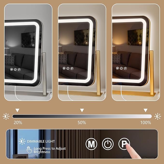 Gold Vanity Mirror with Lights 15"×13", Led Makeup Mirror, Lighted Makeup Mirror with 3 Color Dimmable Lights, Smart Touch Screen Control, 360°Rotation