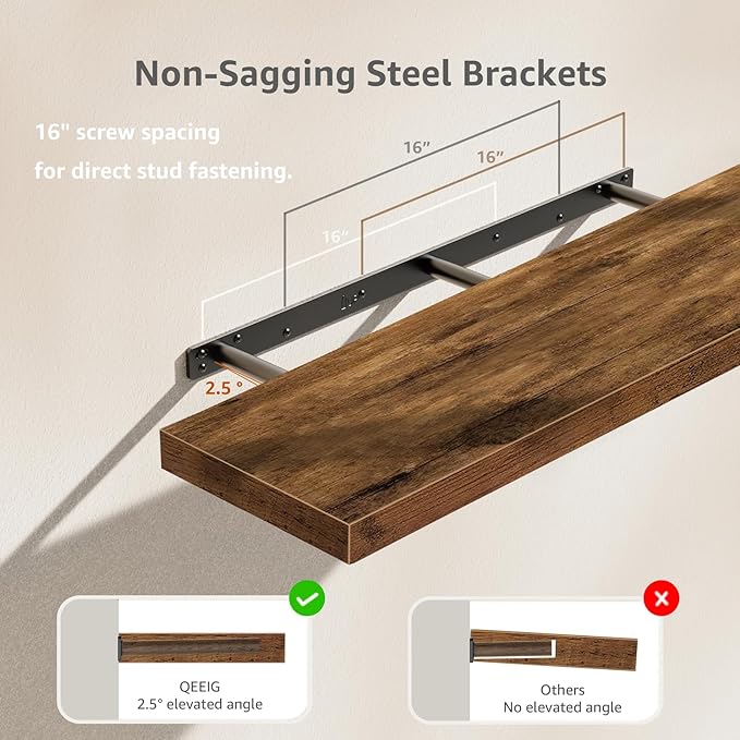 QEEIG Floating Shelves for Wall 39.4" Long - Wall Mounted Shelf Bathroom Kitchen Living Room Bedroom Farmhouse Home Decor Display Bookshelf Large 39.4 x 9.3 inch Set of 2, Rustic Brown (008-100BN)