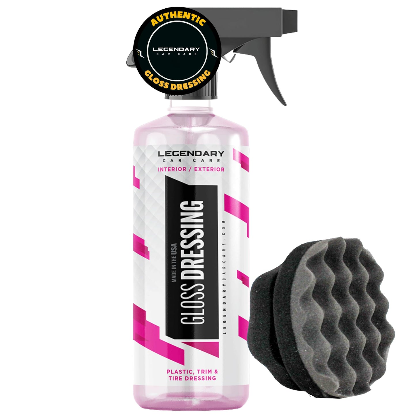 Legendary Gloss Dressing with Applicator 16oz - Tire Shine Spray & Plastic Restorer – Water Based & Non-Greasy Interior/Exterior Detailing Spray - Trim, Rubber, Vinyl & Plastic Restorer for Cars