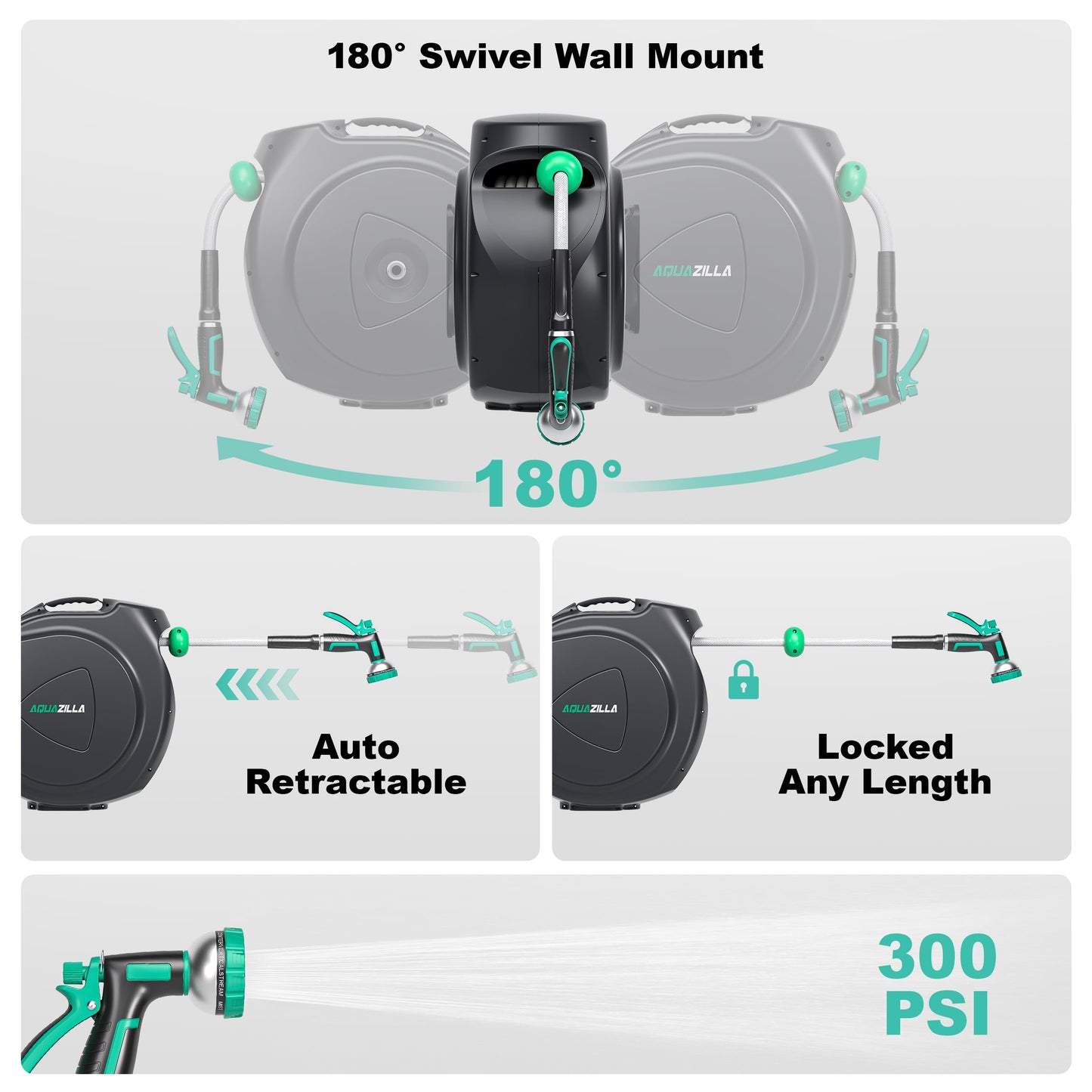 Retractable Garden Hose Reel - 5/8 in x 100 ft Automatic Wall Mount Heavy Duty Automatic Water Hose Reel with 9 Patterns Nozzle, Kink-Resistant Hose, 180° Swivel, Auto-Lock for Outdoor Watering