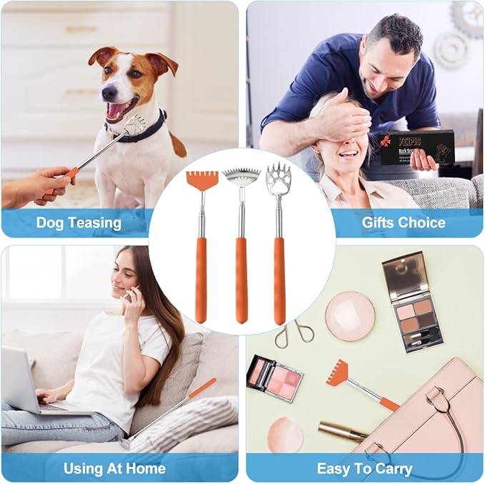 3 Pack Different Back Scratcher,Metal Portable Telescoping Back scratchers with Beautiful Box Great Stocking Stuffers for Men Women Kids Adults（Orange）