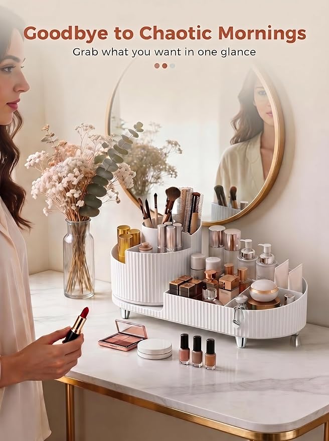 Booklov Rotating Makeup Caddy Organizer for Vanity, Large Capacity Cosmetic Display Case,Countertop Beauty Storage Holder for Skincare, Brush Eyeshadow Lipstick, Counter Desk Organization, White