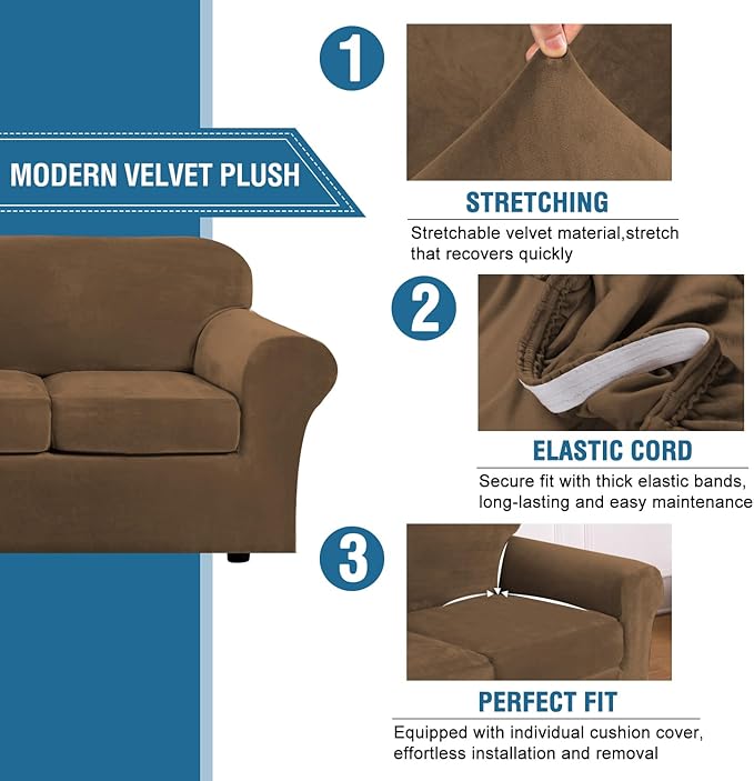 H.VERSAILTEX Modern Velvet Plush 4 Piece High Stretch Sofa Slipcover Sofa Cover Furniture Protector Form Fit Thick Velvet Sofa Cover for 3 Cushion Couch Width Up to 90 Inch (Sofa, Bronze Brown)
