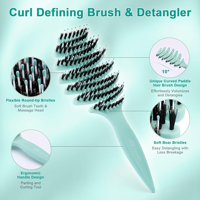 Boar and Nylon Bristle Hair Brush for Fine Hair - Ultimate Smoothing Vented Detangler Wet Brush for Women, A Great Gift, Aqua