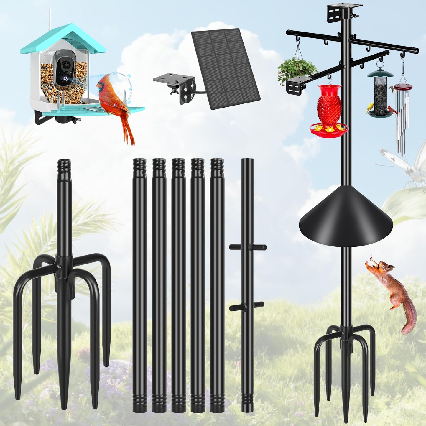 Gtongoko Squirrel Proof Smart Bird Feeder Pole for Outdoors 107 Inch 1 Inch Diameter Bluebird House Pole with 2 Platform and 8 Hooks for Bird Feeder with Camera Adjustable Heavy Duty Mounting Pole