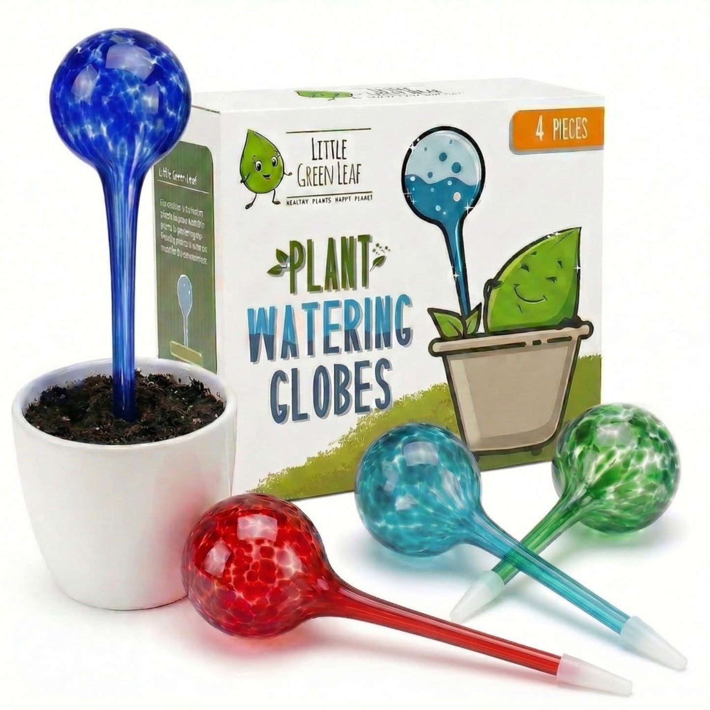 Little Green Leaf Automatic Plant Watering Globes Self Watering Planter Inserts (Set of 4) | Hands Free Multicolor Glass Bulbs | Planter Spikes to Support Indoor & Outdoor Plant Health (350ml)