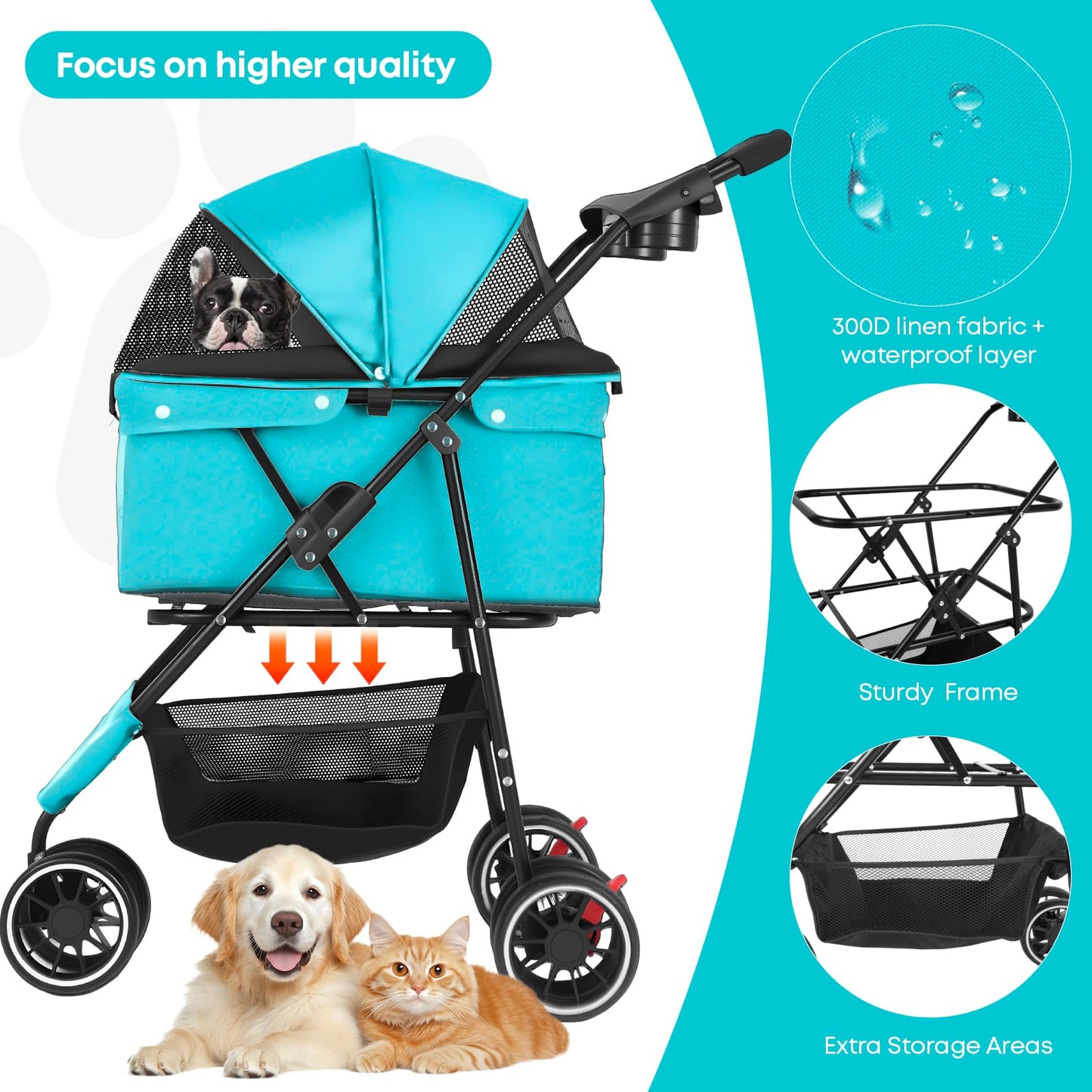 Pet Stroller,Dog Stroller for Small Medium Dogs Cats,3 Wheels,Foldable,with Breathable Mesh Canopy,Cup Holders,Easy Assembly,Mint Green